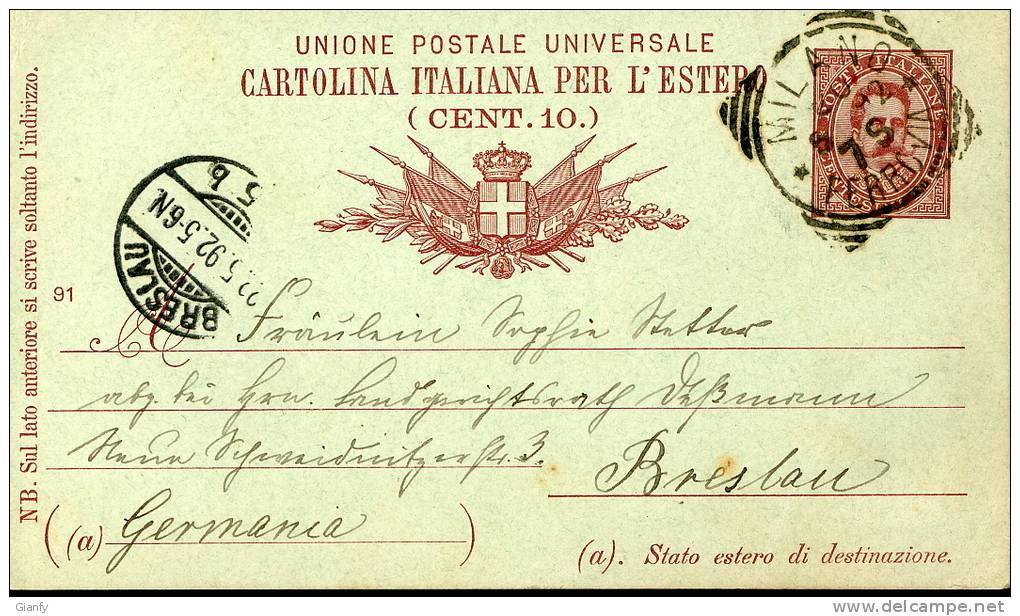 INTERO REGNO UMBERTO I 10 C. BIGOLA VG 1892 MILANO X ESTERO - Stamped Stationery