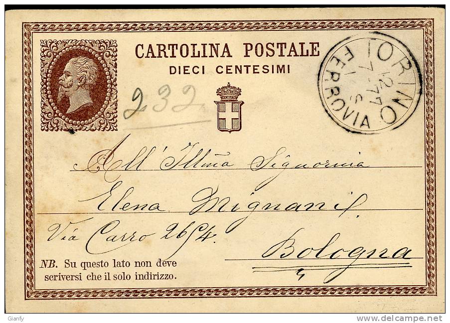 INTERO REGNO VITTORIO EMANUELE II 10 C 1877 TORINO X BOLOGNA - Stamped Stationery