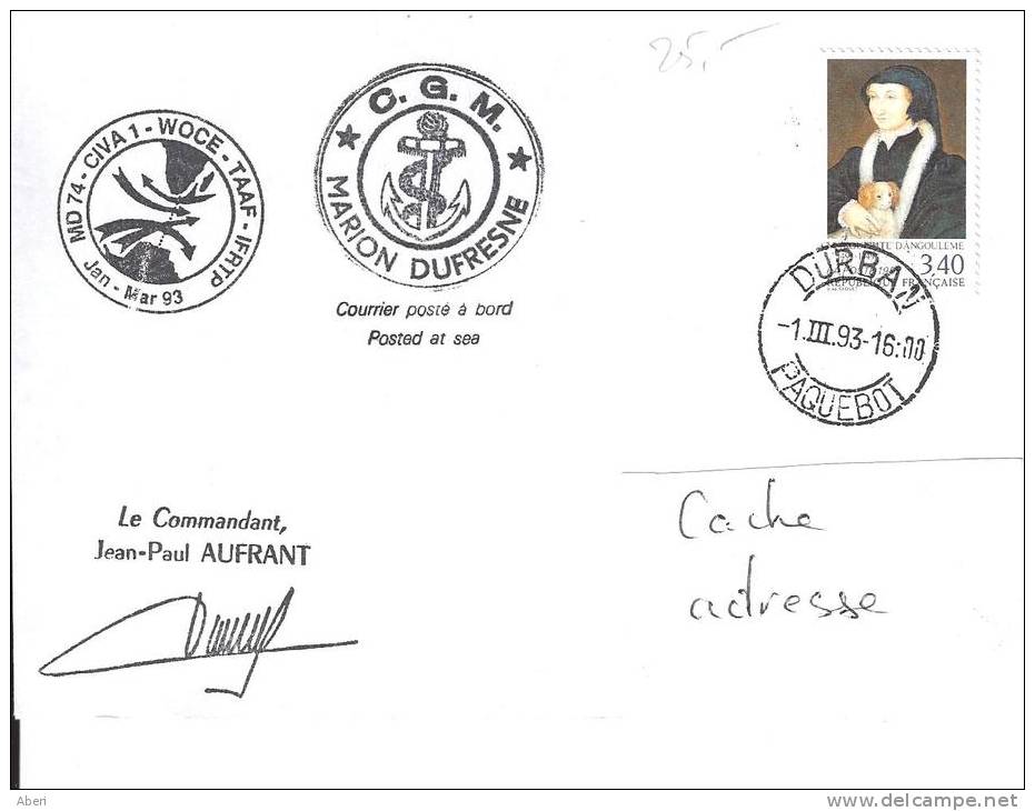 8380  MARION DUFRESNE - MD 74 CIVA 1- DURBAN  AFS - PAQUEBOT - Lettres & Documents