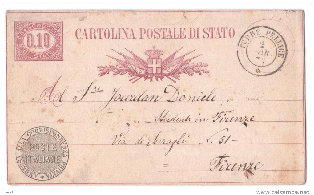 Italy - Cartolina Postale Di Stato - 2. Avril 1878. - Torre Pellice - Firenze - 0.1 Cent - Stamped Stationery