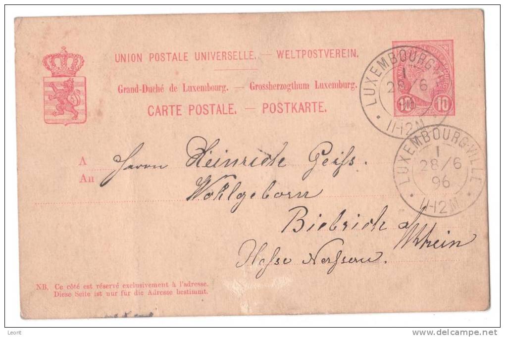 Grand-Duche De Luxembourg - Carte Postale - 10 Cent - 1896 - Luxembourg Ville - 1895 Adolfo De Perfíl