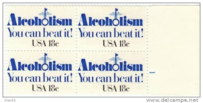 #1927 Alcoholism You Can Beat It, Plate # Block Of 4 18-cent US Postage Stamps - Numéros De Planches