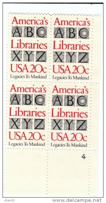 #2015 America's Libraries Library Book, Plate # Block Of 4 20-cent US Postage Stamps - Plate Blocks & Sheetlets