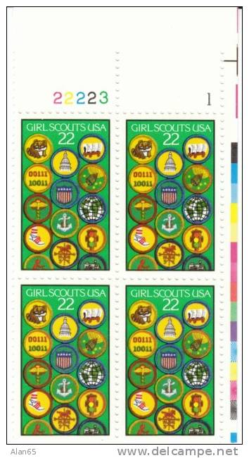 #2251 Girl Scouts Scouting, Plate # Block Of 4 22-cent US Postage Stamps - Plate Blocks & Sheetlets