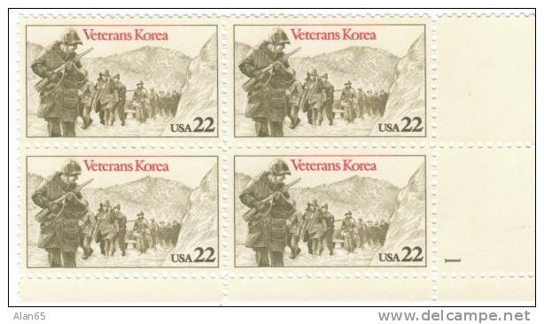 #2152 Korean War Veterans Memorial Issue, Military Soldiers, Plate # Block Of 4 22-cent US Postage Stamps - Numéros De Planches