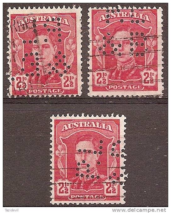 AUSTRALIA - Perfin - Three Different Settings On King George VI Perfed "PL/&amp;B". Used - Perfin