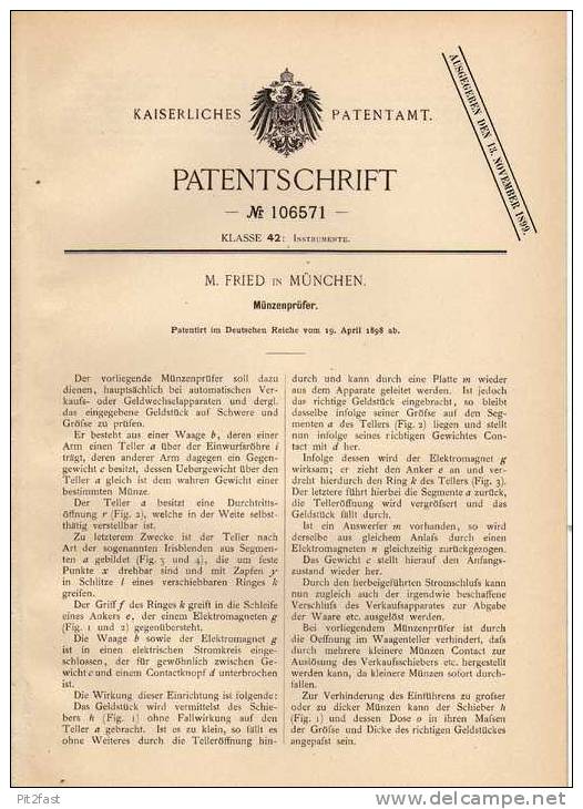 Original Patentschrift - M. Fried In München , 1898 , Münzenprüfer , Geld , Münzen !!! - Boeken & Software