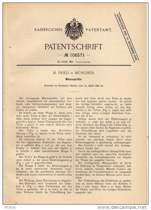 Original Patentschrift - M. Fried In München , 1898 , Münzenprüfer , Geld , Münzen !!! - Books & Software