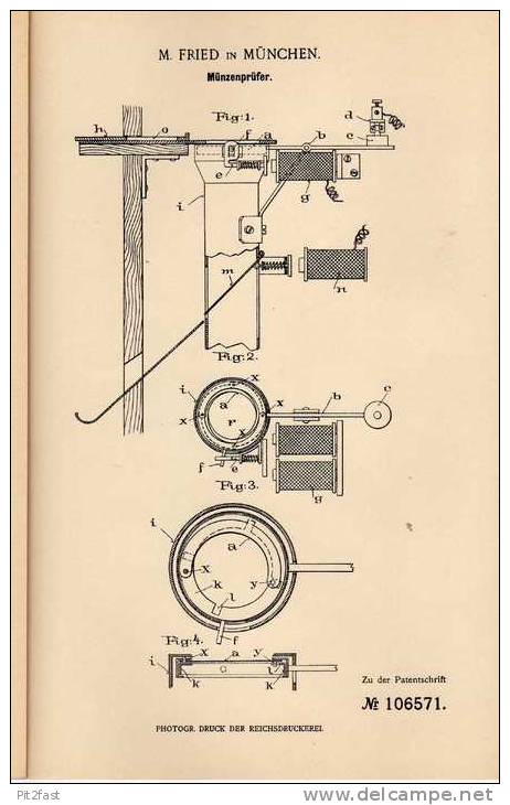 Original Patentschrift - M. Fried In München , 1898 , Münzenprüfer , Geld , Münzen !!! - Books & Software