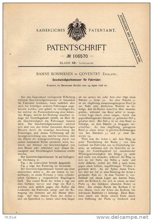 Original Patentschrift - Tachometer , Tacho , 1898 , B. Bonniksen In Coventry , Speedometer , Veigel , Kienzle , VDO !!! - Motos