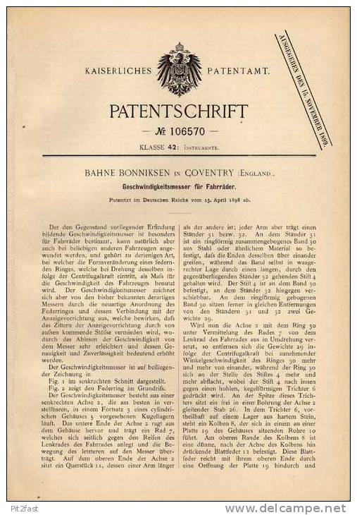 Original Patentschrift - Tachometer , Tacho , 1898 , B. Bonniksen In Coventry , Speedometer , Veigel , Kienzle , VDO !!! - Motor Bikes