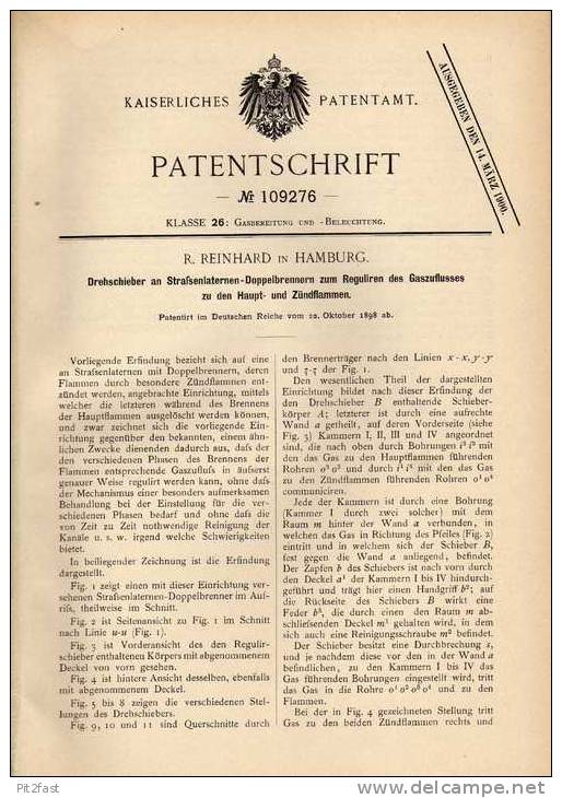 Original Patentschrift - R. Reinhard In Hamburg , 1898 , Straßenlaterne , Laterne , Straßenlampe !!! - Lighting & Lampshades