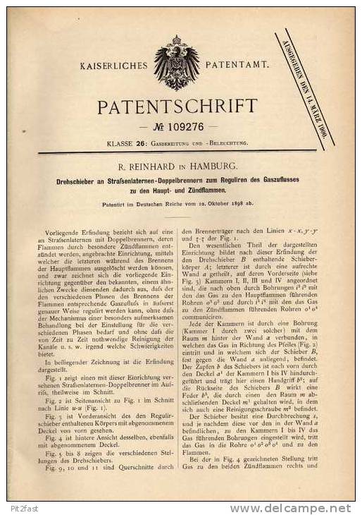 Original Patentschrift - R. Reinhard In Hamburg , 1898 , Straßenlaterne , Laterne , Straßenlampe !!! - Leuchten & Kronleuchter