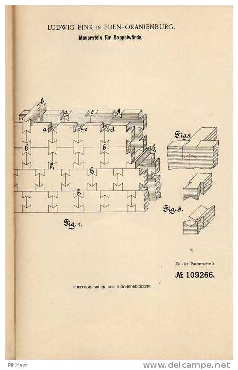 Original Patentschrift - L. Fink In Eden - Oranienburg , 1899 , Mauerstein Für Doppelwände , Maurer , Bau !!! - Architecture