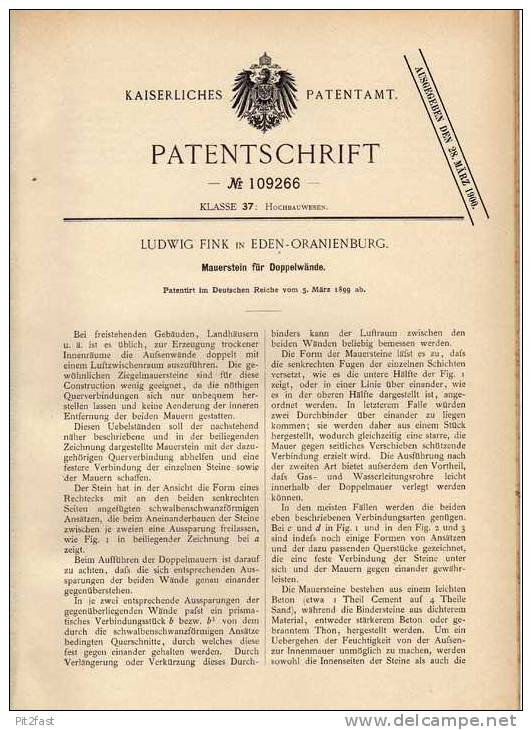 Original Patentschrift - L. Fink In Eden - Oranienburg , 1899 , Mauerstein Für Doppelwände , Maurer , Bau !!! - Architectuur