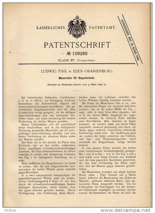 Original Patentschrift - L. Fink In Eden - Oranienburg , 1899 , Mauerstein Für Doppelwände , Maurer , Bau !!! - Architektur