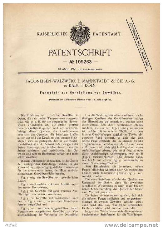 Original Patentschrift - Faquoneisen - Walzwerk In Kalk B. Köln , 1898 , Formstein Für Gewölbe !!! - Architektur