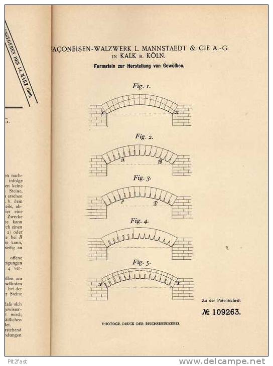 Original Patentschrift - Faquoneisen - Walzwerk In Kalk B. Köln , 1898 , Formstein Für Gewölbe !!! - Architectuur