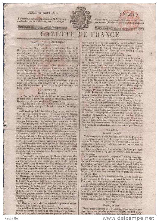 GAZETTE DE FRANCE 21 08 1817 - LONDRES - TYROL - SUISSE - ORDRE DE SAINT LOUIS - SYSTEME COLONIAL DE FRANCE - TRIBUNAUX - 1800 - 1849