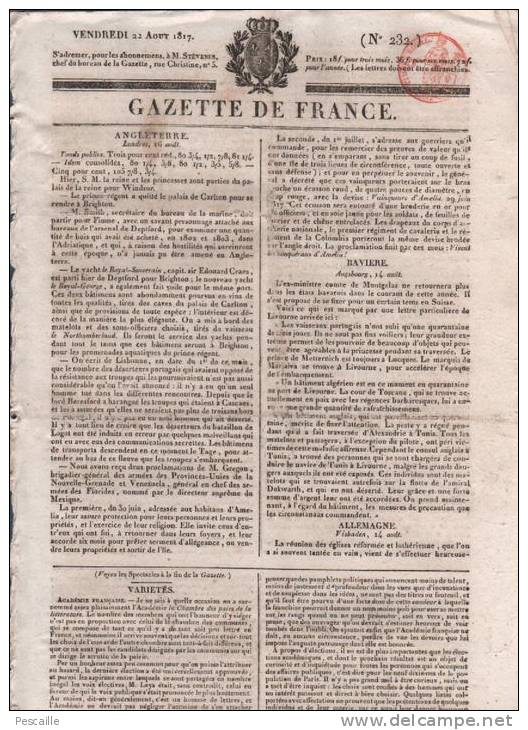 GAZETTE DE FRANCE 22 08 1817 - LONDRES - ACADEMIE FRANCAISE - BAVIERE - WIESBADEN - EVEQUES - TRIBUNAUX - - 1800 - 1849