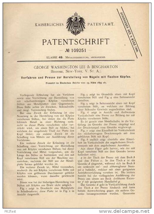 Original Patentschrift - G. Lee In Binghamton , 1899 , Presse Für Nägel  !!! - Tools