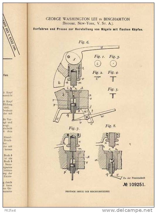 Original Patentschrift - G. Lee In Binghamton , 1899 , Presse Für Nägel  !!! - Tools