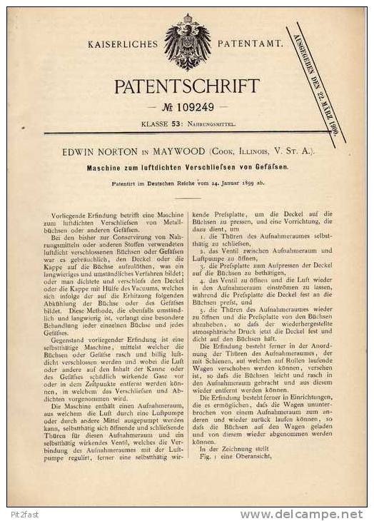 Original Patentschrift - E. Norton In Maywood , 1899 , Maschine Für Luftdichte Gefäße  !!! - Tools