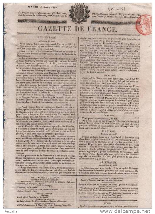 GAZETTE DE FRANCE 26 08 1817 - LONDRES - FETE DE LOUIS XVIII - MAYENCE - LIVRE SIR WILLIAM WRAXALL - 1800 - 1849