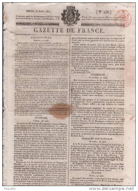 GAZETTE DE FRANCE 28 08 1817 - LONDRES - VIENNE - EQUESNE SOMME - PROCES SOUS OFFICIERS 2e REGIMENT DE LA GARDE ROYALE - 1800 - 1849