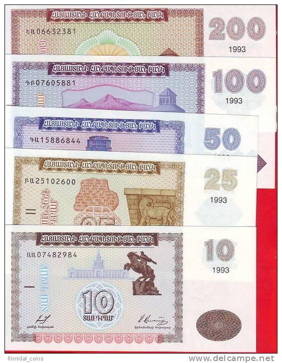 Armenia, 5 Banknotes / 10, 25, 50, 100, 200 Dram 1993, UNC Crisp - Arménie