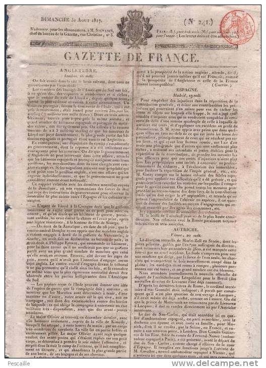 GAZETTE DE FRANCE 31 08 1817 - LONDRES - MADRID - VIENNE - TYROL - WURTEMBERG - MARSEILLE - FINANCES DE LA FRANCE - 1800 - 1849