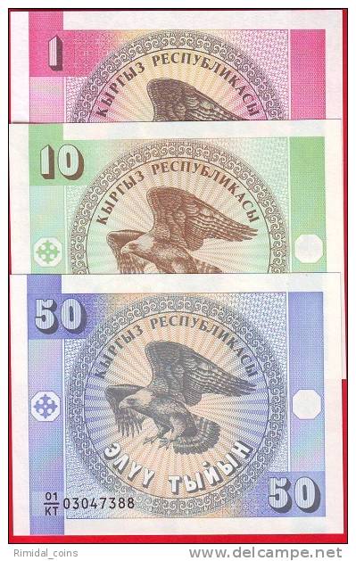 Kyrgyzstan, 3 Banknotes / 1, 10, 50 Tyiyn 1993, UNC Crisp - Kirgizïe