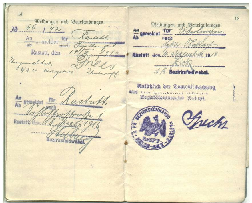 Militärpaß Inf. Regt. Prinz Wilhelm Nr. 112 Und Bezirkskommando Rastatt - 1914-18