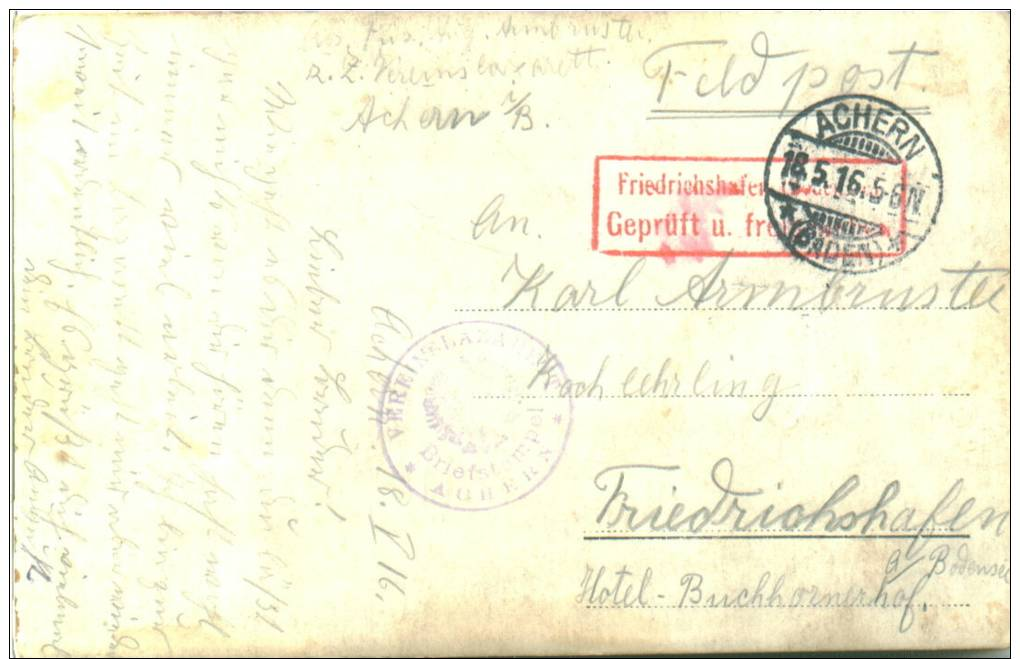 Feldpost 1.WK Vereinslazarett ACHERN Und Zensur FRIEDRICHSHAFEN 1916 - Briefe U. Dokumente