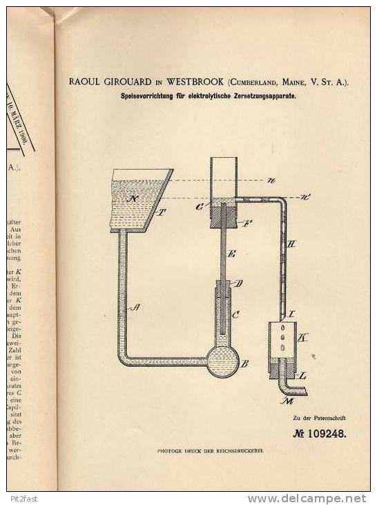 Original Patentschrift - R. Girouard In Westbrook , USA , 1899 , Elekrolytischer Zersetzungsapparat !!! - Historische Dokumente