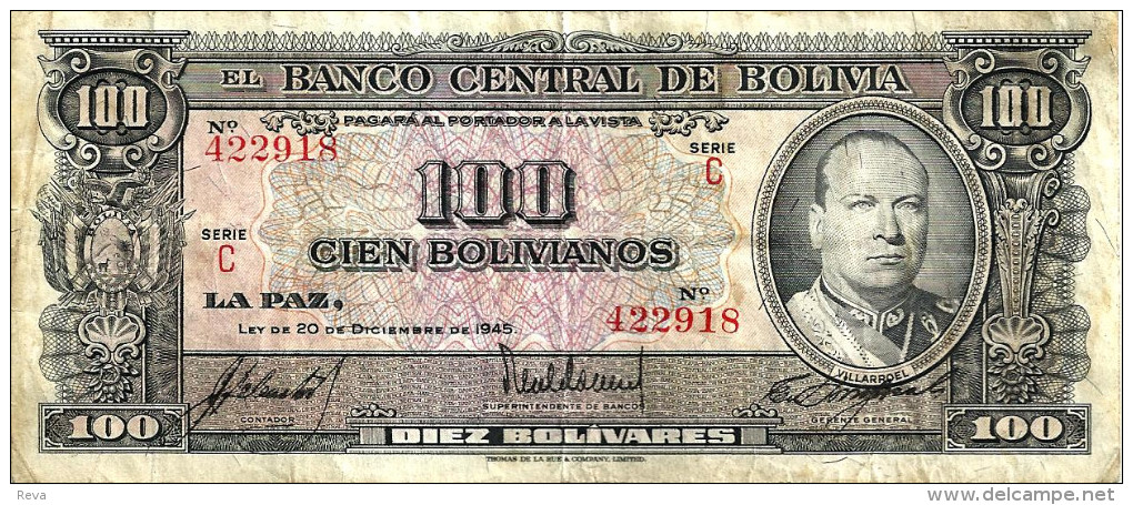 BOLIVIA 100 BOLIVANOS BLACK MAN FRONT OIL REFINERY BACK DATED LAW 1945 P.147 AVF/aVF READ DESCRIPTION!! - Bolivie