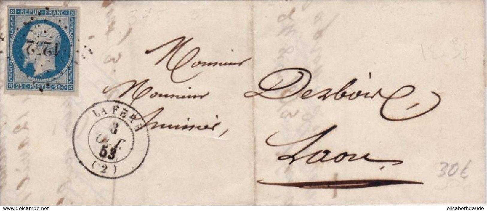 AISNE - 1853 - LETTRE De LA FERE (PC N°1252) Pour LAON Avec 25c REPUBLIQUE (RARE) - 1852 Luigi-Napoleone