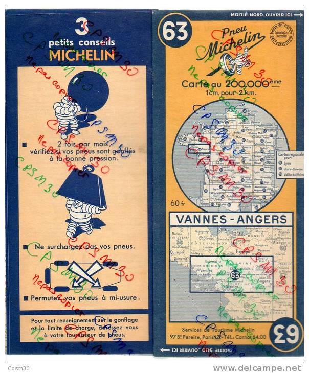 Carte Géographique MICHELIN - N° 063 VANNES - ANGERS 1949 - Strassenkarten