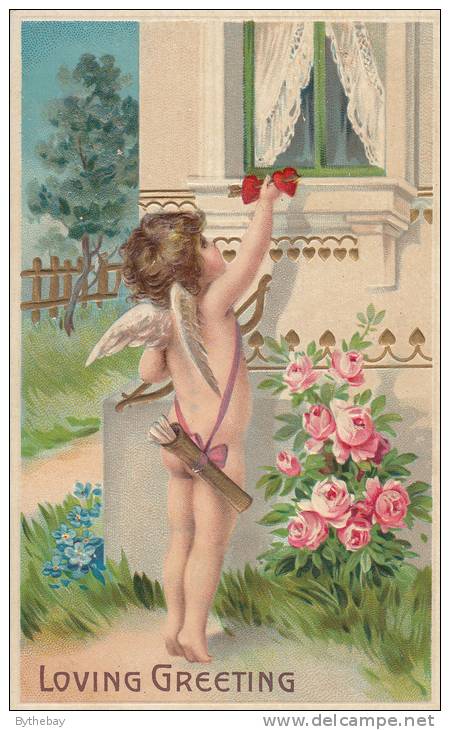 Loving Greeting - Cupid Placing Arrow With 2 Hearts On Window - Contes, Fables & Légendes