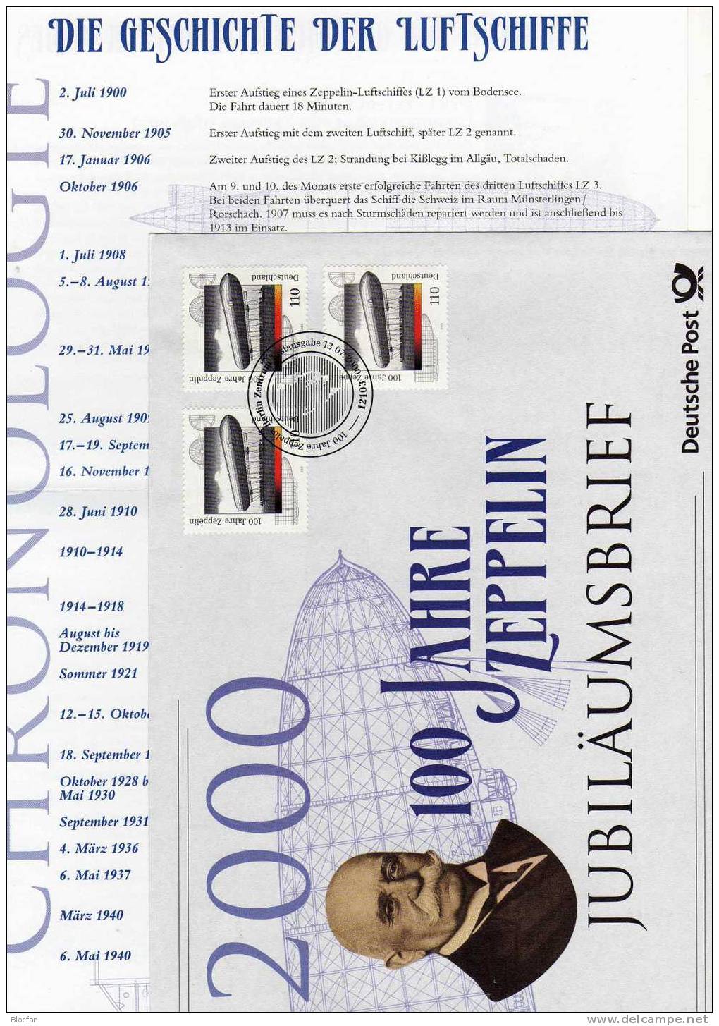 Zeppelin Offizieller Brief 3/2000 BRD 3x2128 SST 10€ Jubiläumsbrief 100 Jahre Luftschiffe Deutschland Cover Germany - Zeppelines