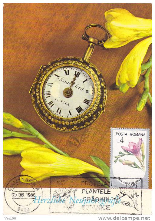 CLOCK, FLOWERS, 1986, CM. MAXI CARD, CARTES MAXIMUM, ROMANIA - Clocks