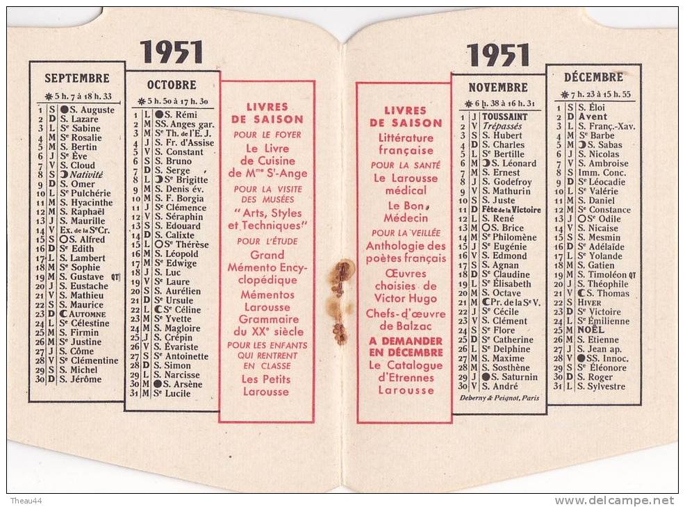 ¤¤  -  Petit Calendrier " LAROUSSE " De 1951  -  Dictionnaires  -  ¤¤ - Grand Format : 1941-60
