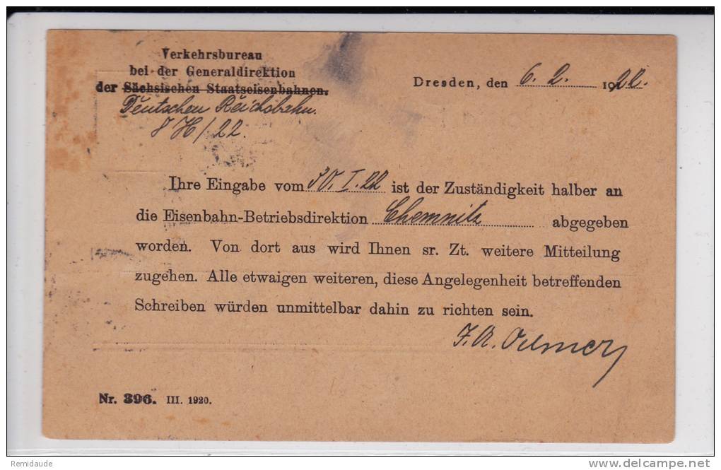 1922 - INFLATION - CARTE POSTALE De SERVICE (DIENSTMARKE) De DRESDEN Avec AFFRANCHISSEMENT à 1.25 MARKS - Oficial