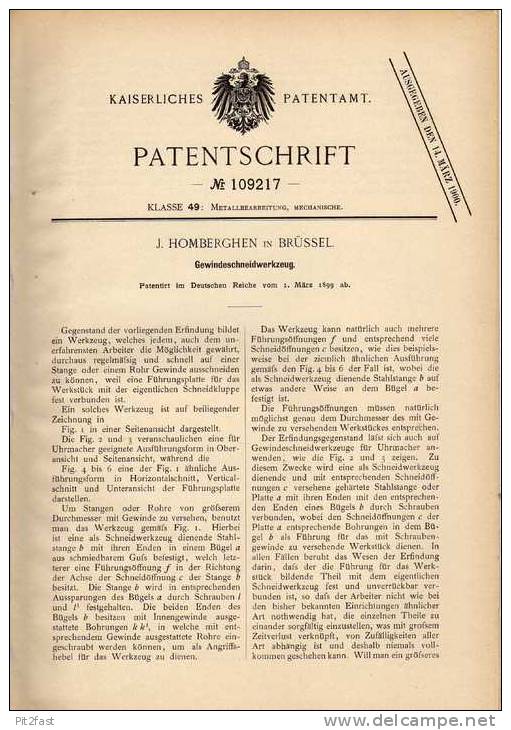 Original Patentschrift - J. Homberghen In Brüssel , 1899 , Gewindeschneider , Gewinde !!! - Outils Anciens