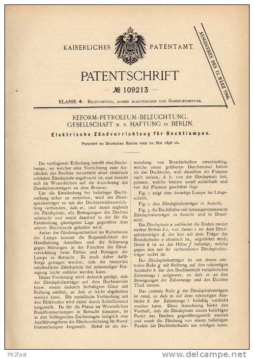 Original Patentschrift - Petroleum Beleuchtuns GmbH In Berlin , 1898 , Elektr. Zünder Für Dochtlampen !!! - Leuchten & Kronleuchter