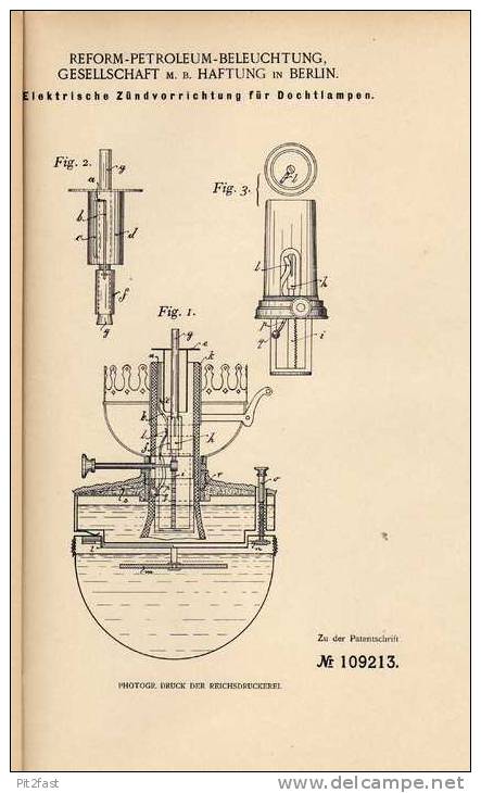 Original Patentschrift - Petroleum Beleuchtuns GmbH In Berlin , 1898 , Elektr. Zünder Für Dochtlampen !!! - Lámparas Y Arañas