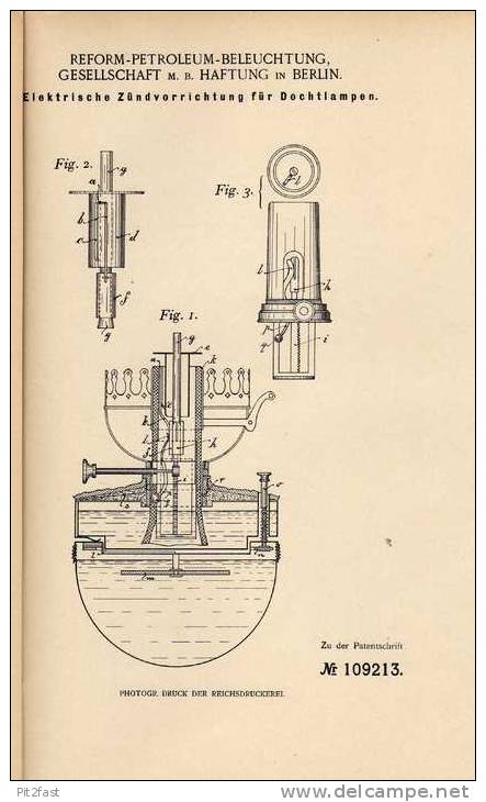 Original Patentschrift - Petroleum Beleuchtuns GmbH In Berlin , 1898 , Elektr. Zünder Für Dochtlampen !!! - Leuchten & Kronleuchter