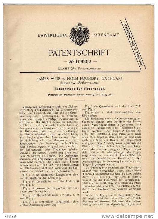 Original Patentschrift - J. Weir In Holm Foundry , Cathcart , 1899 , Schutzwand Für Feuerung , Heizung !!! - Historical Documents