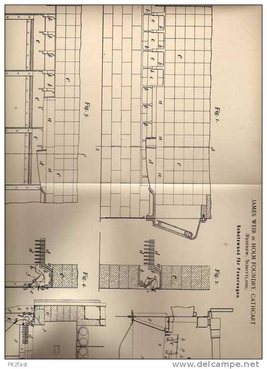 Original Patentschrift - J. Weir In Holm Foundry , Cathcart , 1899 , Schutzwand Für Feuerung , Heizung !!! - Documentos Históricos