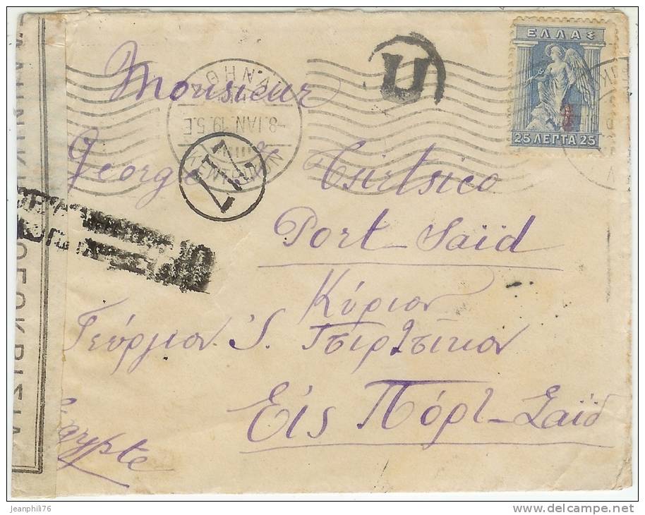 Lettre De Grèce Pour Port-Saïd Censure Hellenique Bilingue Timbre 279   1919 - Briefe U. Dokumente